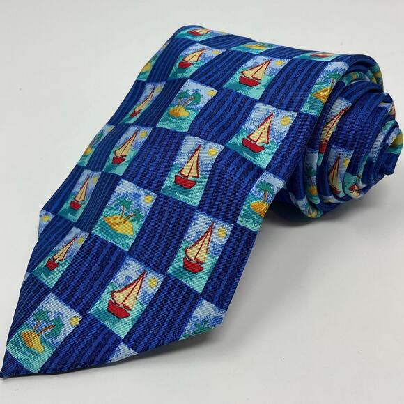 Vintage 100% Silk Charleston Tie Rack made in Italy Sail Boat Pattern Mens Tie - Picture 1 of 5